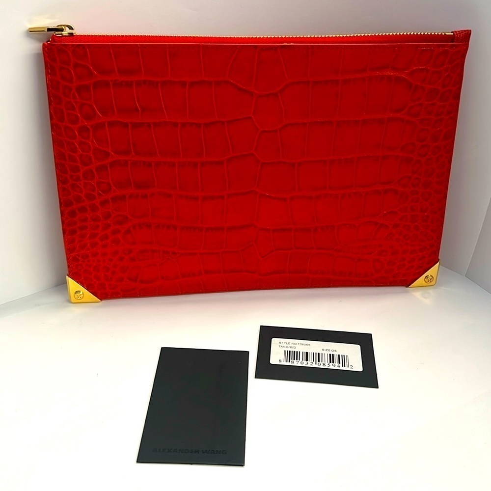 Alexander Wang Prisma Red Croc Embossed Leather Zip Clutch Bag - New